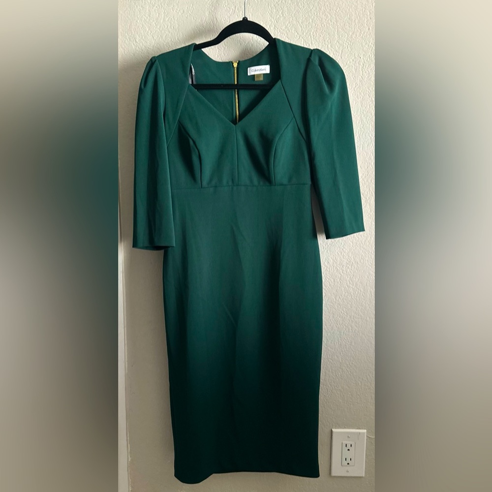 Calvin Klein 3/4 Length Sleeve Sheath Dress In Malachite